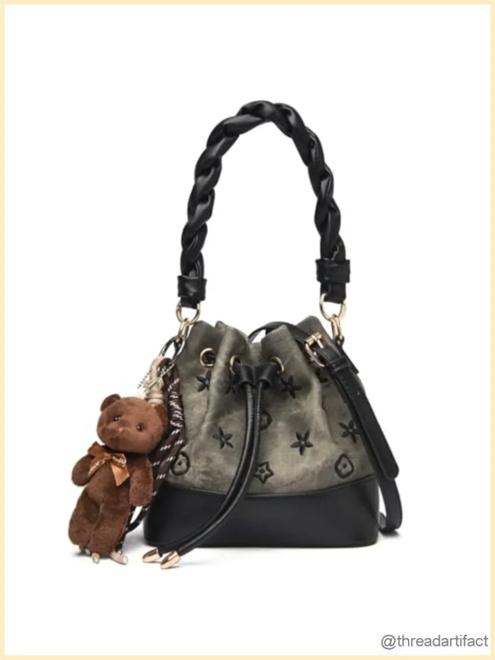 Vintage Embroidered Floral Crossbody Bucket Bag PU Leather Top Handle Satchel